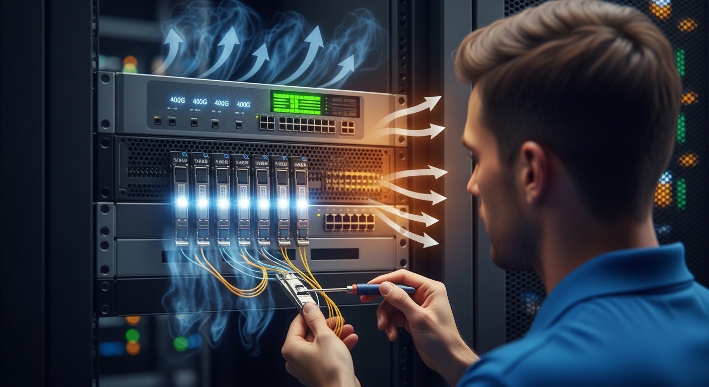 Photorealistic server rack scene with a top-of-rack switch, multiple 400G transceiver modules inserted, visible airflow direc