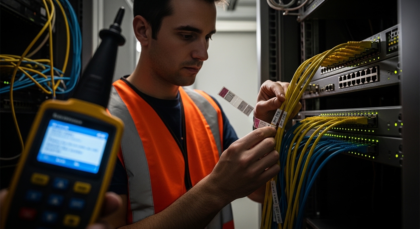 Real-world lifestyle scene of an engineer in a server room labeling Cat6 patch cords connected to RJ45 SFP copper modules in 
