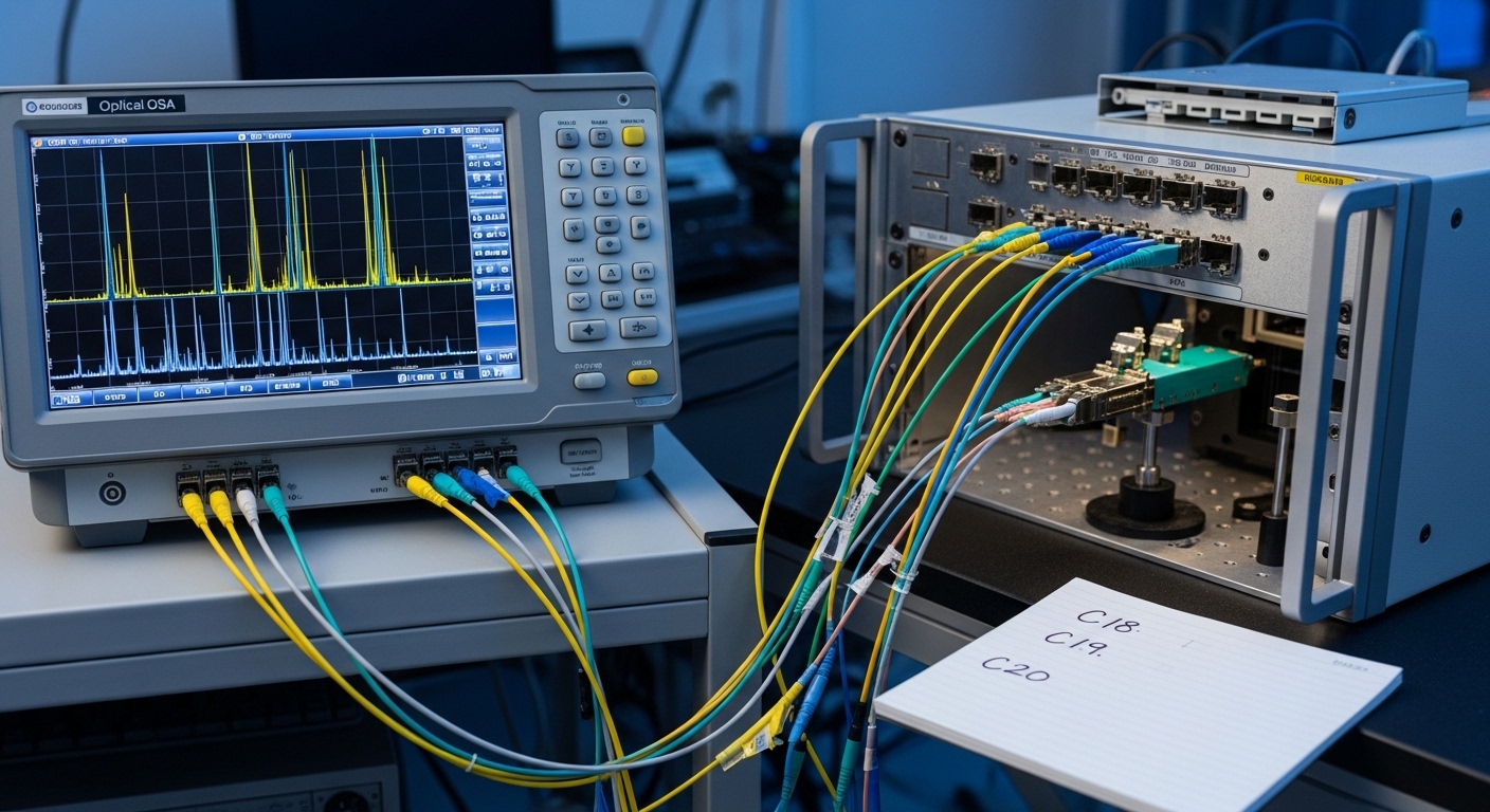 Photorealistic close-up of an optical bench with a mid-range optical spectrum analyzer on a rolling cart, fiber patch cords c