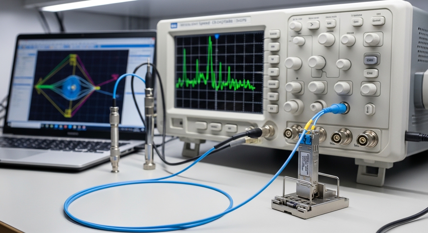 High-resolution lab photograph of a high-speed oscilloscope on a bench, with an SFP+ module in a fiber breakout cradle, a fib