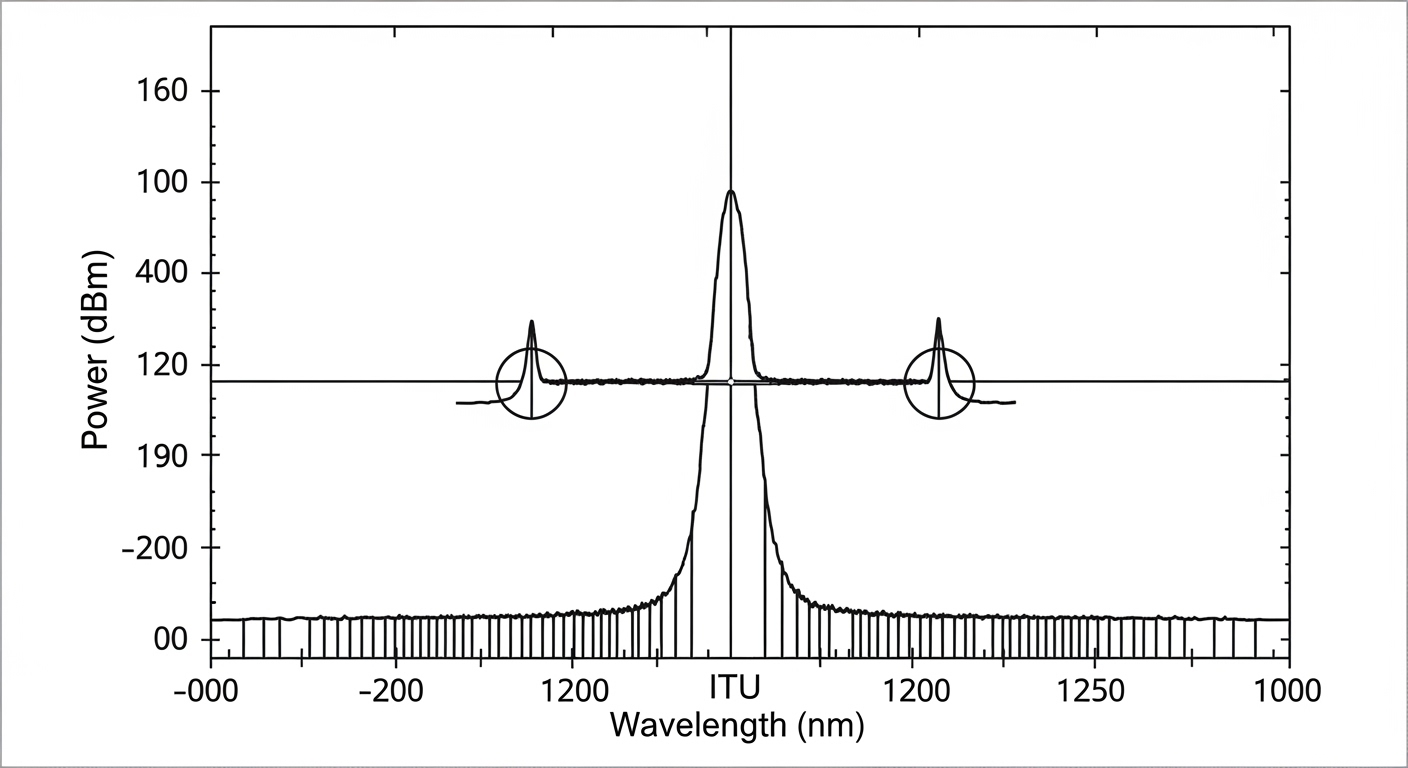 Clean vector illustration of an OSA display overlay showing an ITU grid with a main laser peak centered at one channel and si