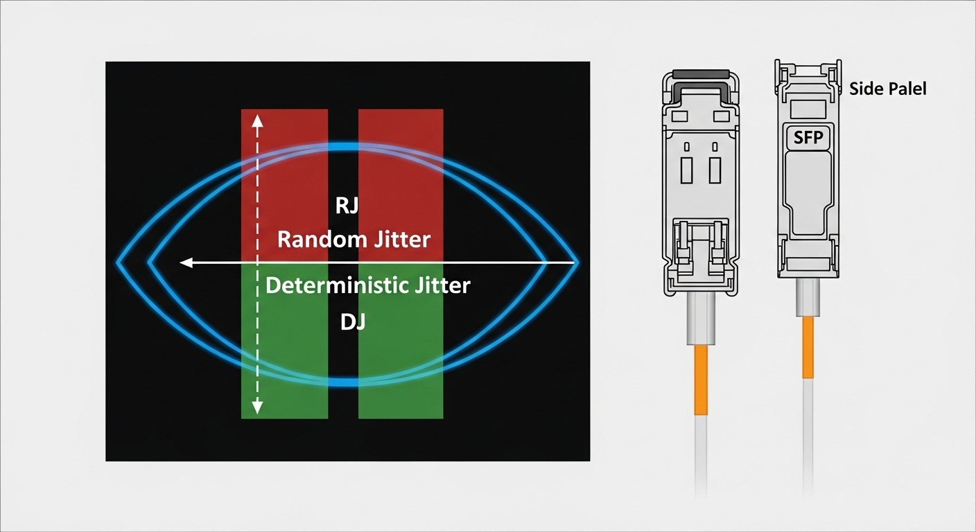Conceptual illustration style showing an eye diagram overlay with labeled jitter components (random jitter and deterministic 