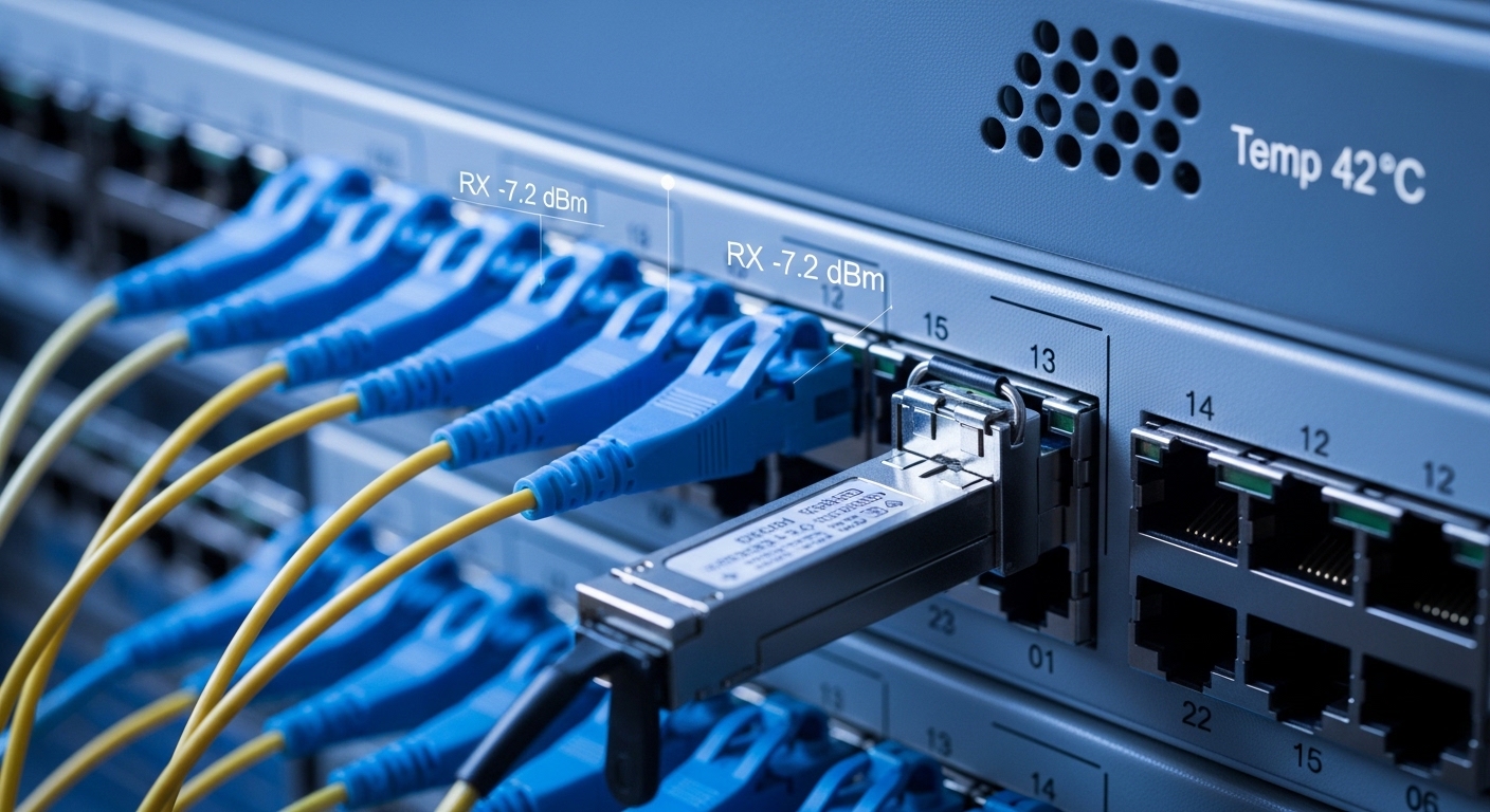 A photorealistic close-up photograph of an enterprise network switch front panel, showing several LC fiber connectors and a p