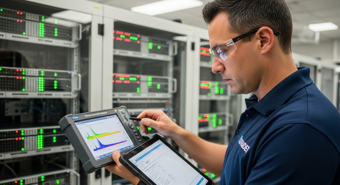 Lifestyle scene in a telecom operations room, an engineer in safety glasses using an OSA touchscreen while reviewing a commis
