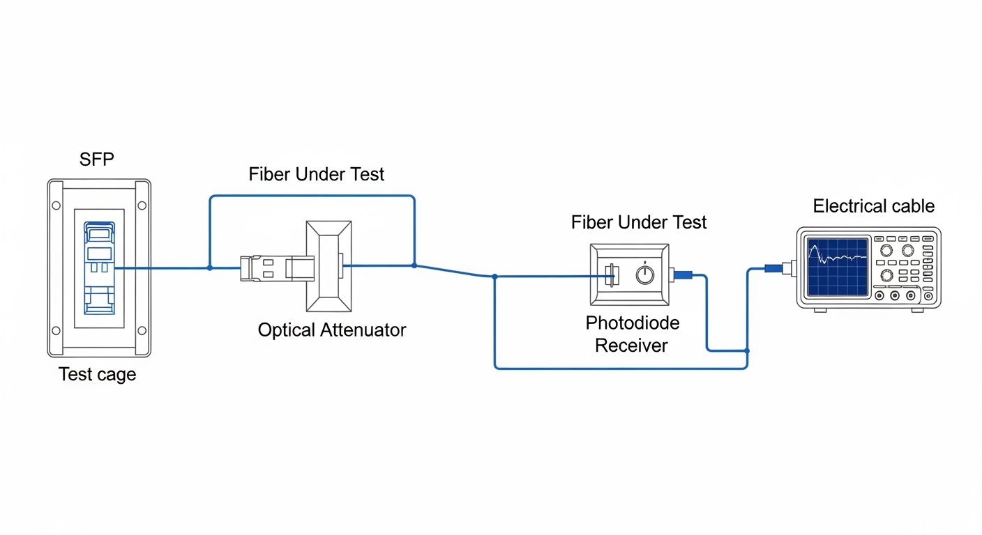 Wireframe-style engineering diagram showing a measurement chain: SFP module in a test cage, optical attenuator, fiber under t