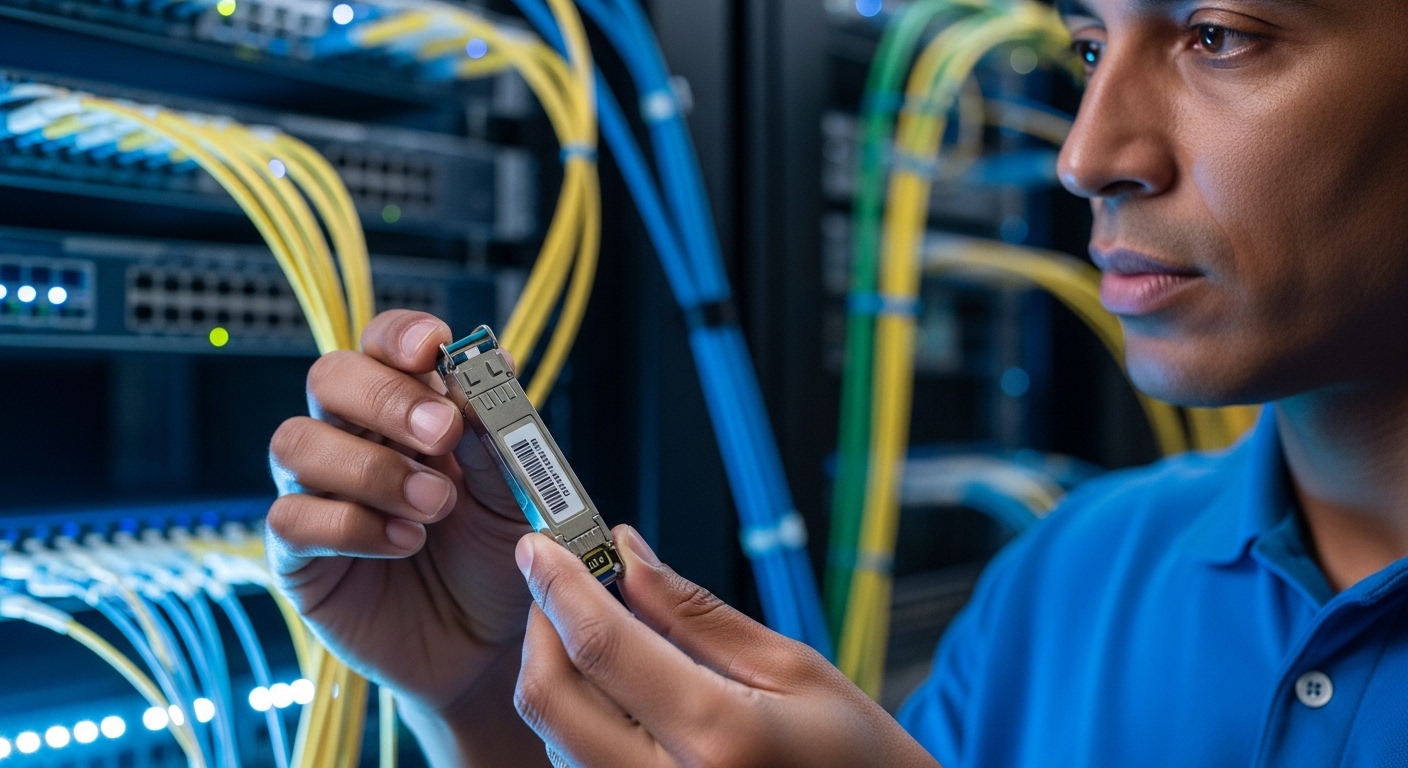 Photorealistic close-up of an engineer in a server room holding a 10G SFP+ optical transceiver with barcode label, fiber patc