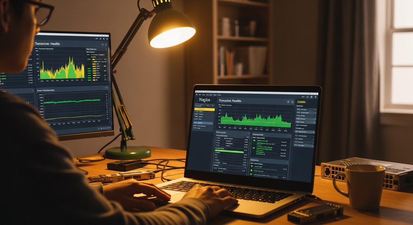 Lifestyle scene featuring transceiver monitoring Nagios, Network Monitoring Tools for Transceiver Health: Nagios and Zabbix, 