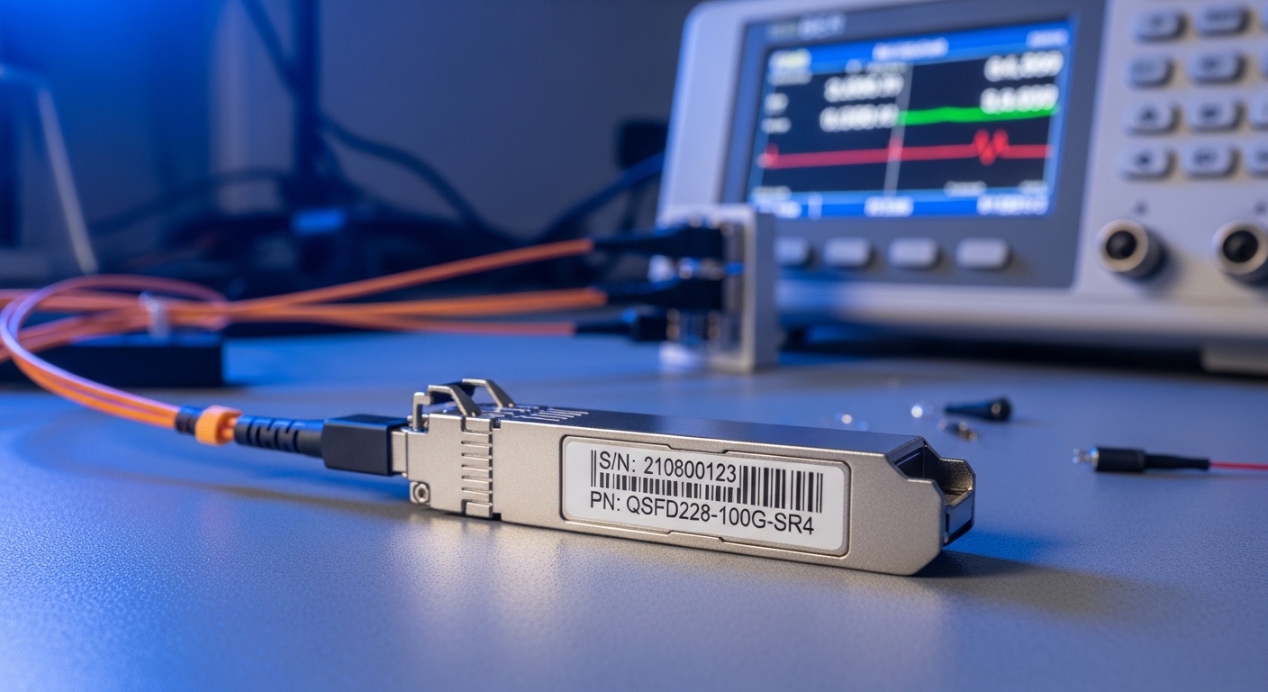 Photorealistic close-up of an optical transceiver module with a barcode label on a lab bench, connected to a fiber testing se