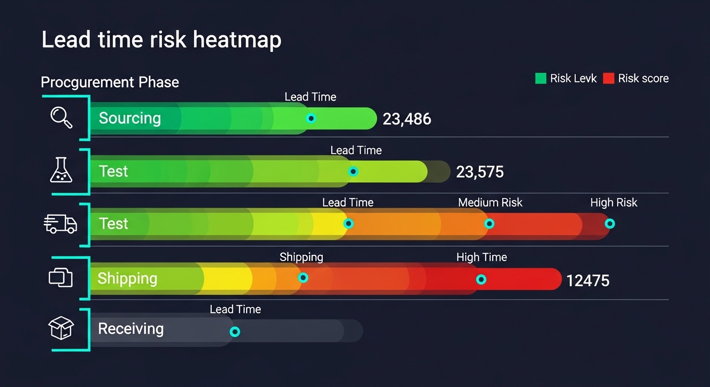 Clean vector illustration of a “lead time risk heatmap” dashboard showing bars for procurement phases (sourcing, test, shippi