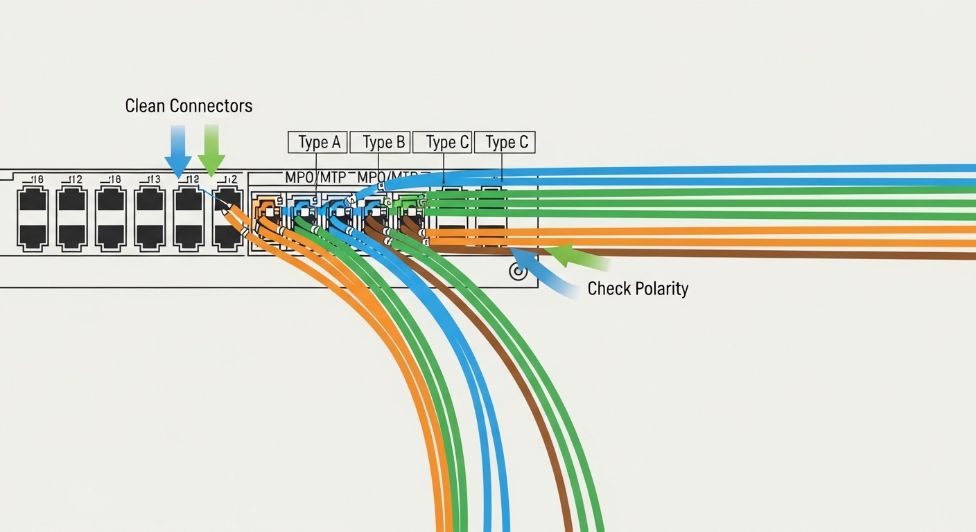 Vector-style diagram showing a data center patch panel with MPO/MTP polarity labels, colored fiber lanes, and arrows indicati