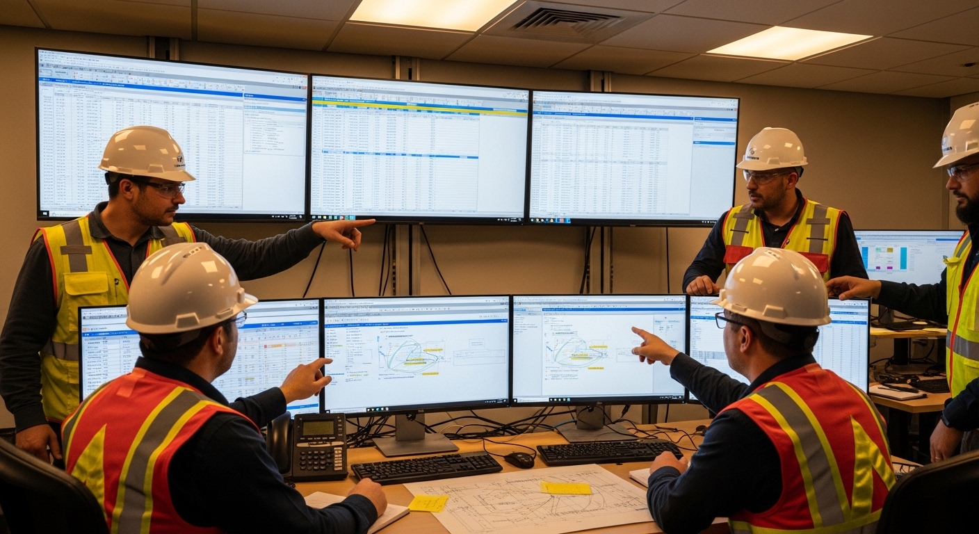 Documentary lifestyle photo of a network operations war room with large monitors showing port status and optics inventory spr