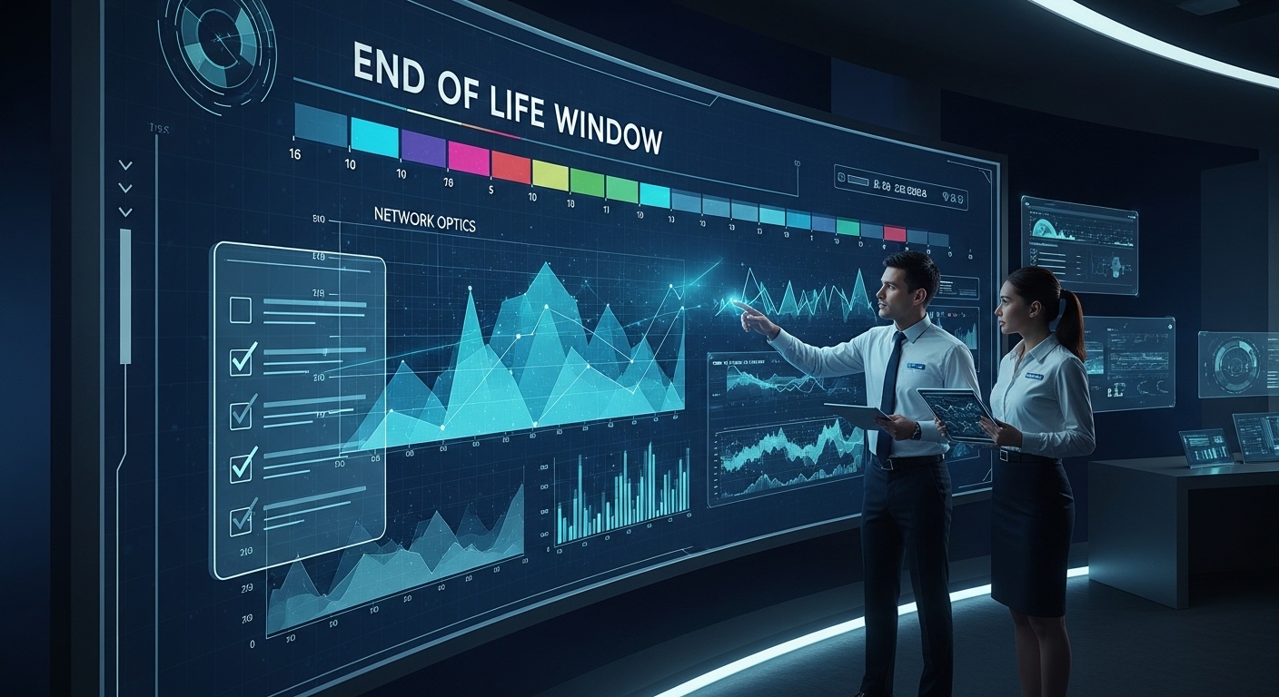 Concept art scene of a network operations center wall display showing a timeline labeled “end of life window,” with engineers