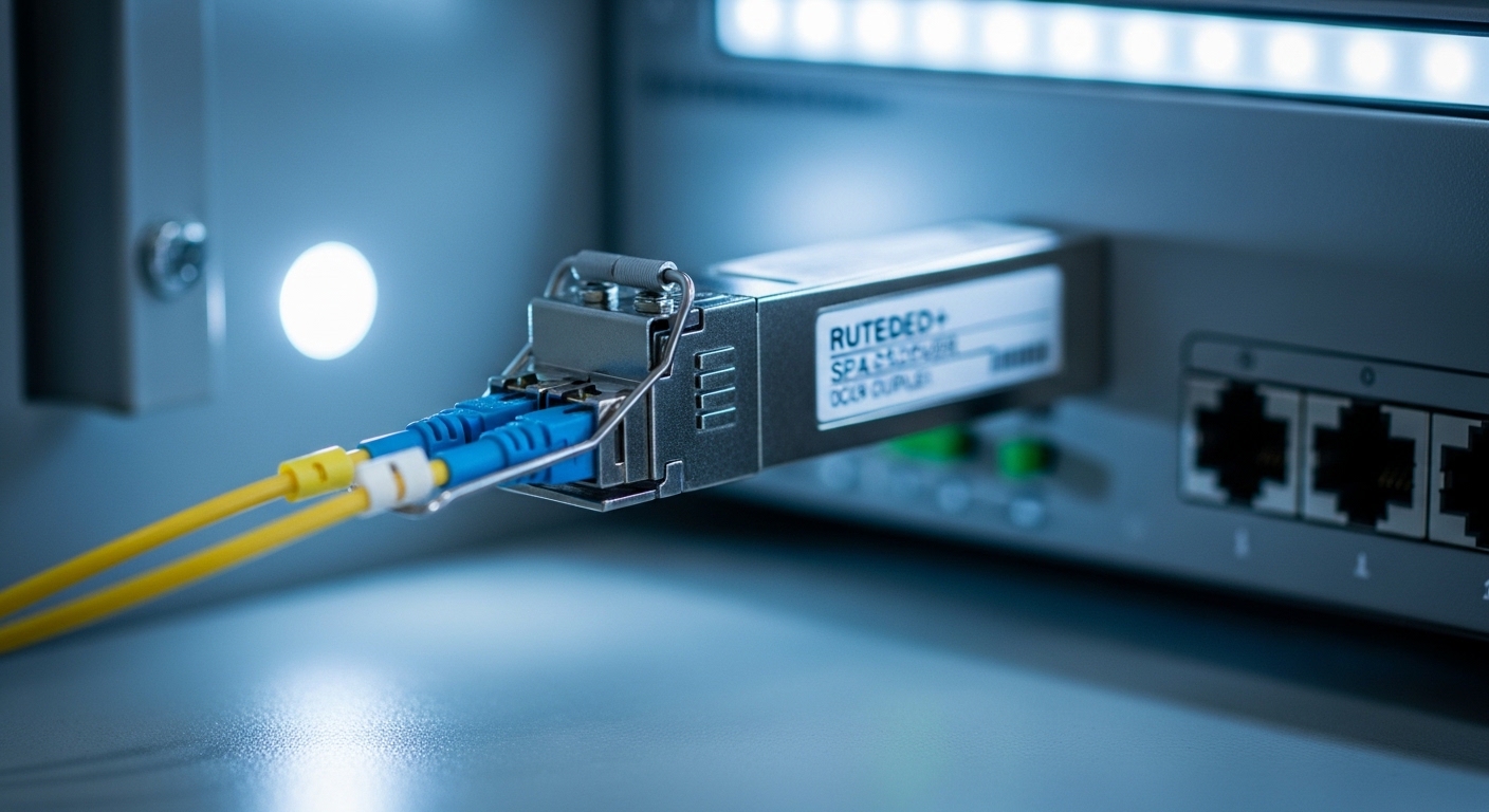 Photorealistic close-up of a ruggedized SFP+ optical transceiver with an LC duplex connector, mounted inside a factory contro