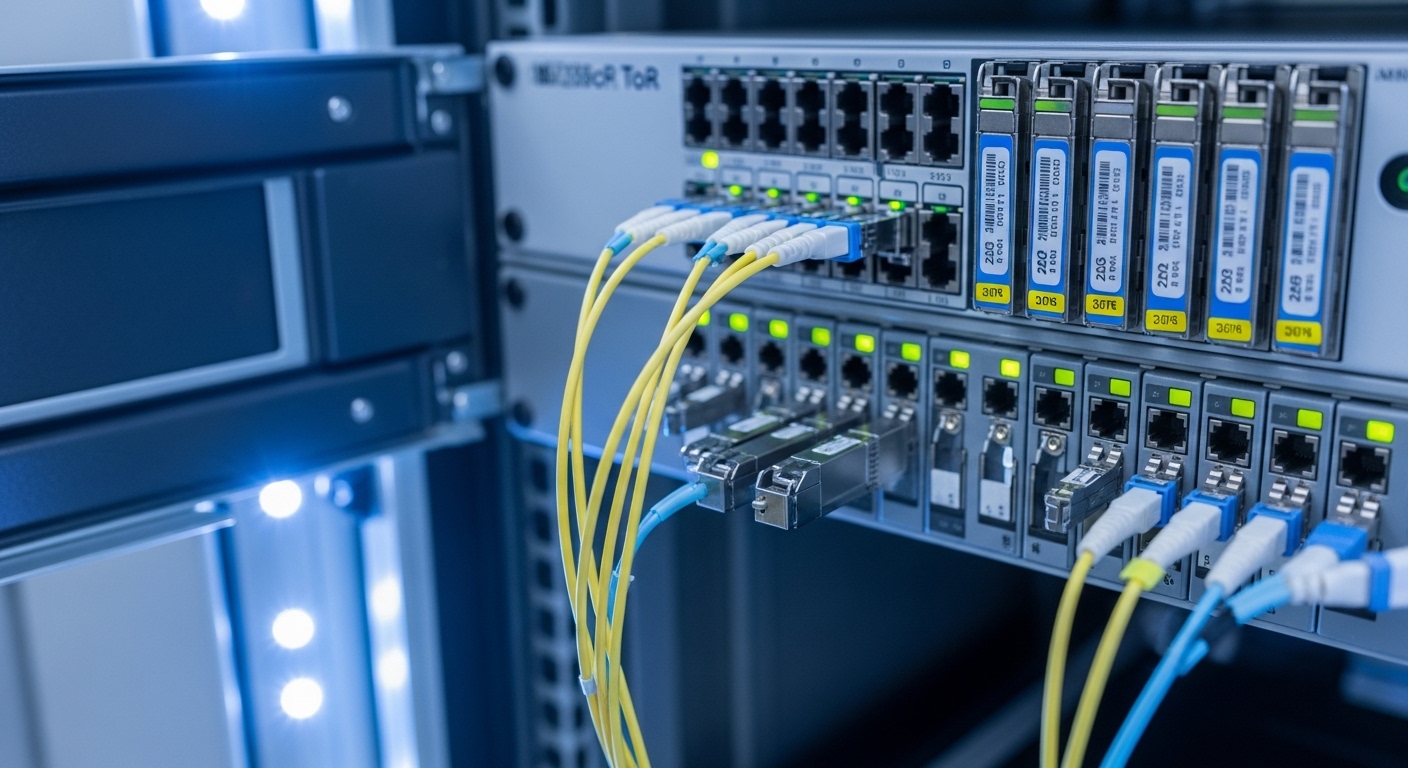 A realistic, high-resolution photo of a server room aisle with a rack-mounted 25G ToR switch panel open, showing multiple fib