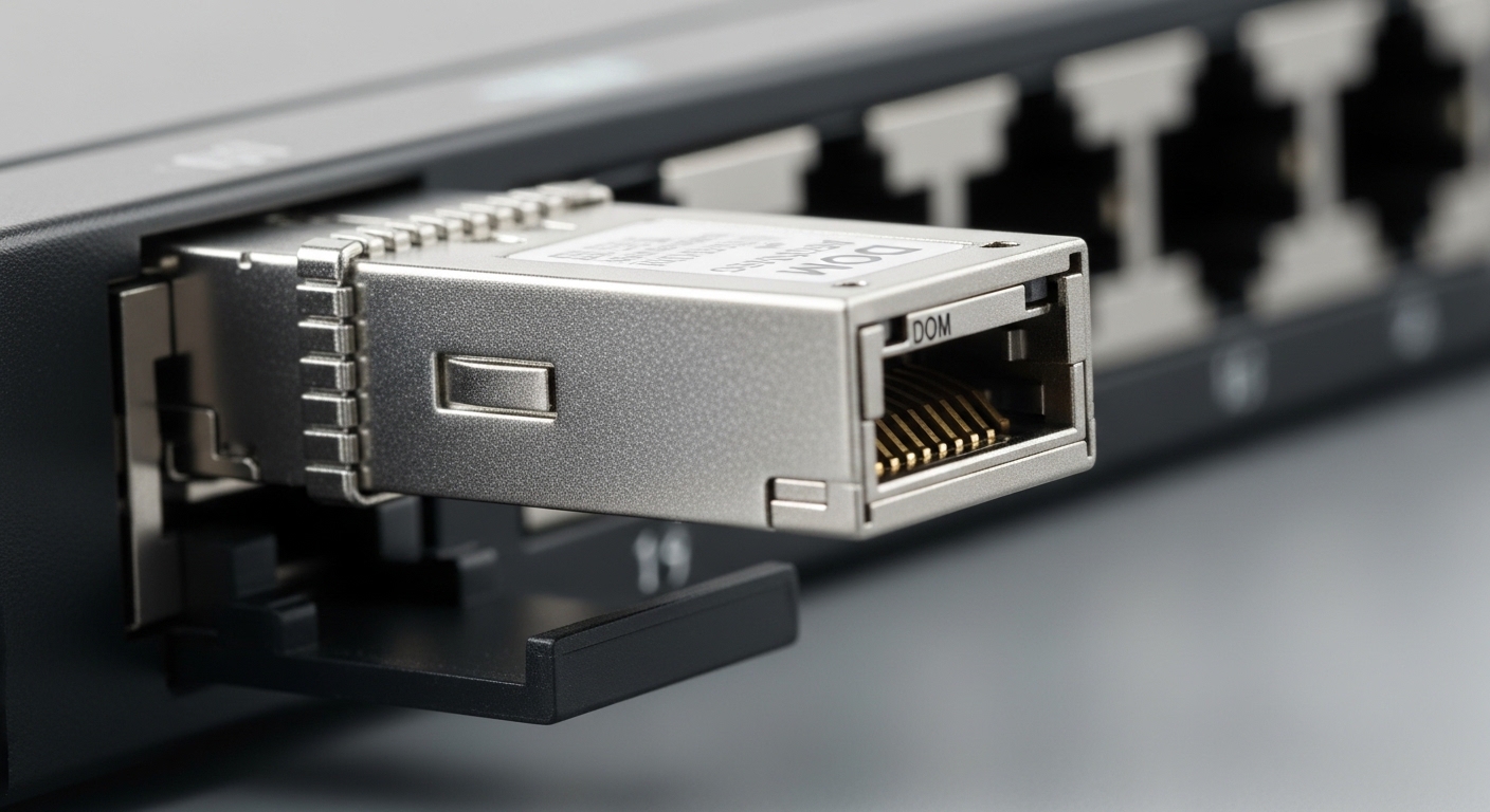 Macro product photography of an SFP transceiver module in a black router SFP cage, shot at a shallow angle, high-detail metal