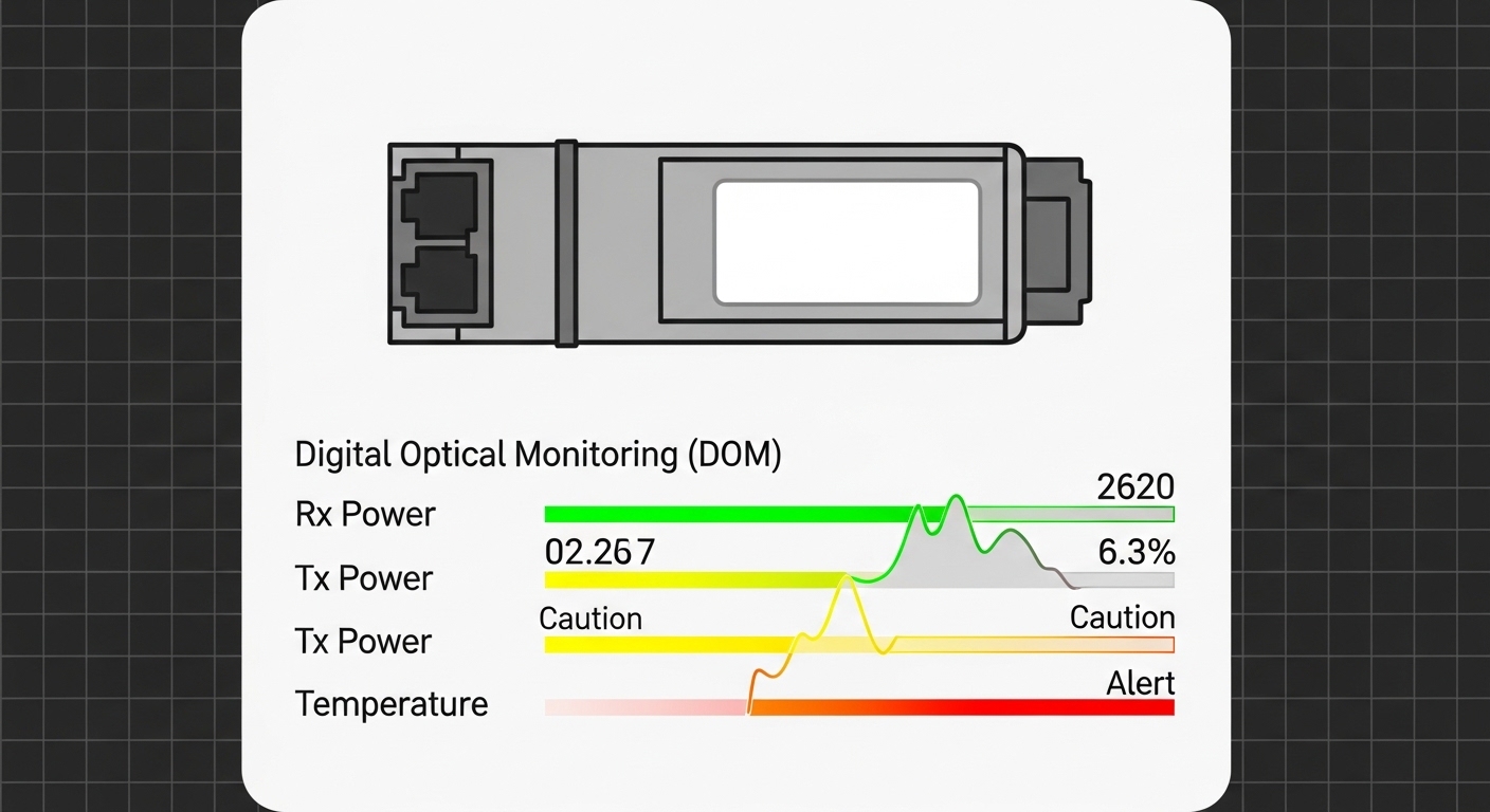 Minimalist vector illustration of an industrial network dashboard showing a ruggedized fiber transceiver icon with DOM metric
