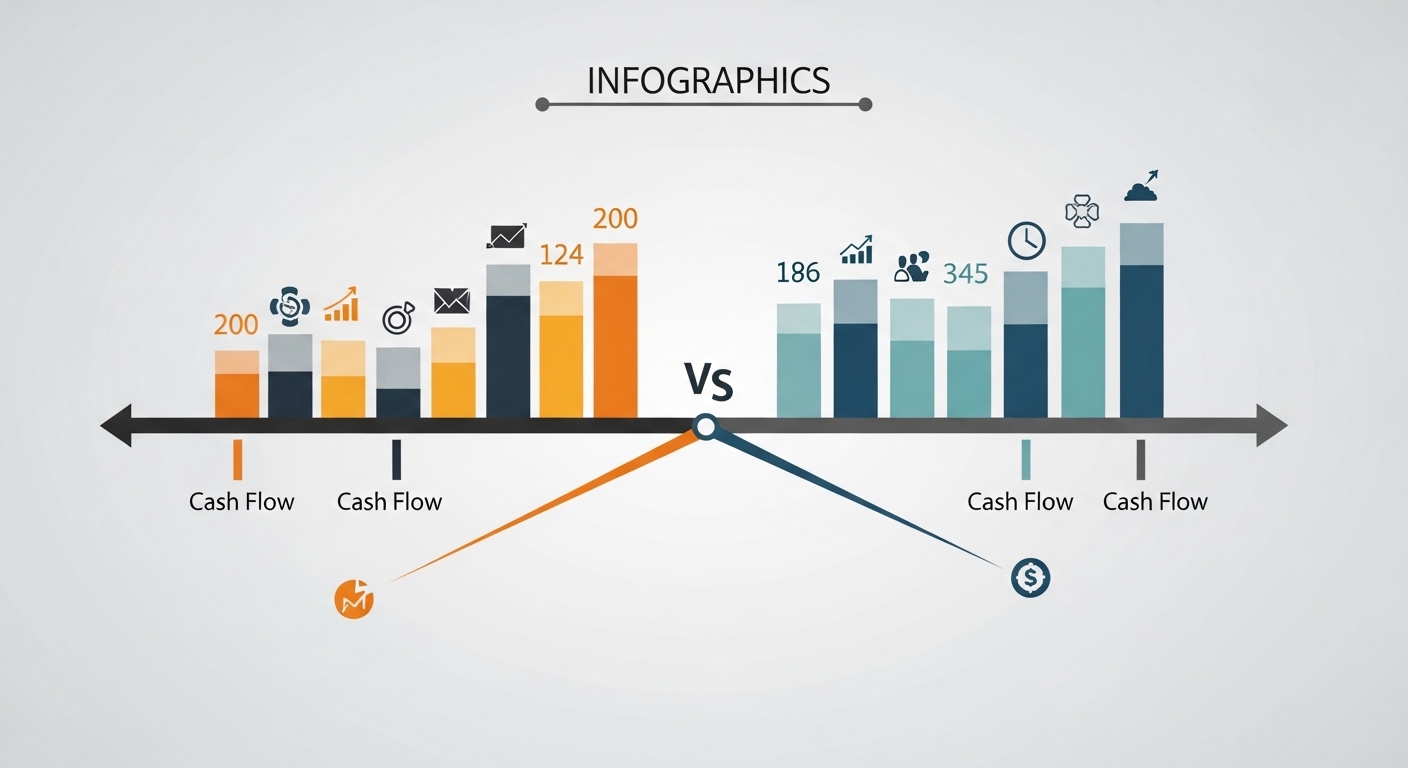 Clean vector illustration comparing two columns labeled “Lease” and “Buy” with a flowing cash timeline, icons for spares inve