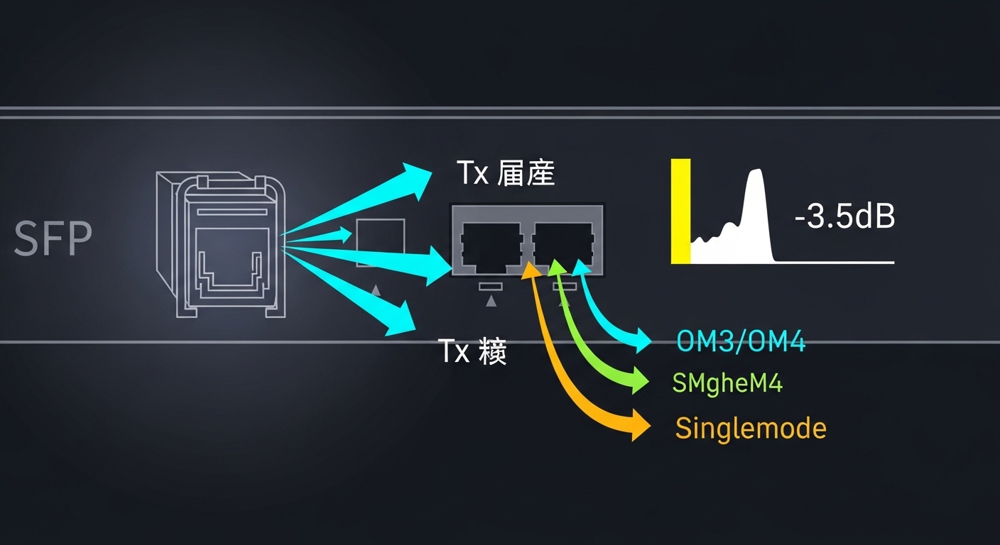 Clean schematic illustration of an SFP cage on a router, with arrows showing transmitter wavelength, fiber type labels (OM3/O