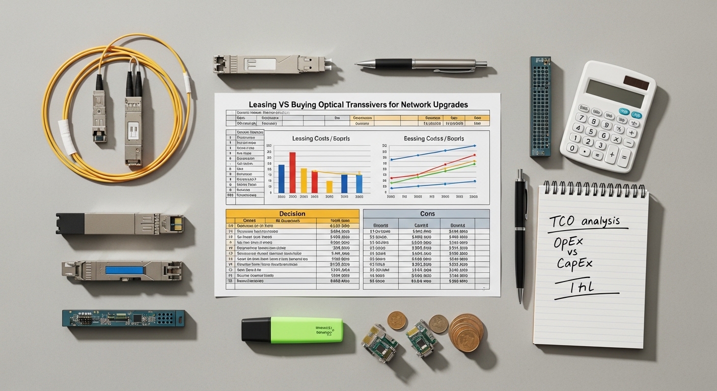 Overhead flat-lay composition of optics financial model, Leasing vs Buying Optical Transceivers for Network Upgrades, styled 