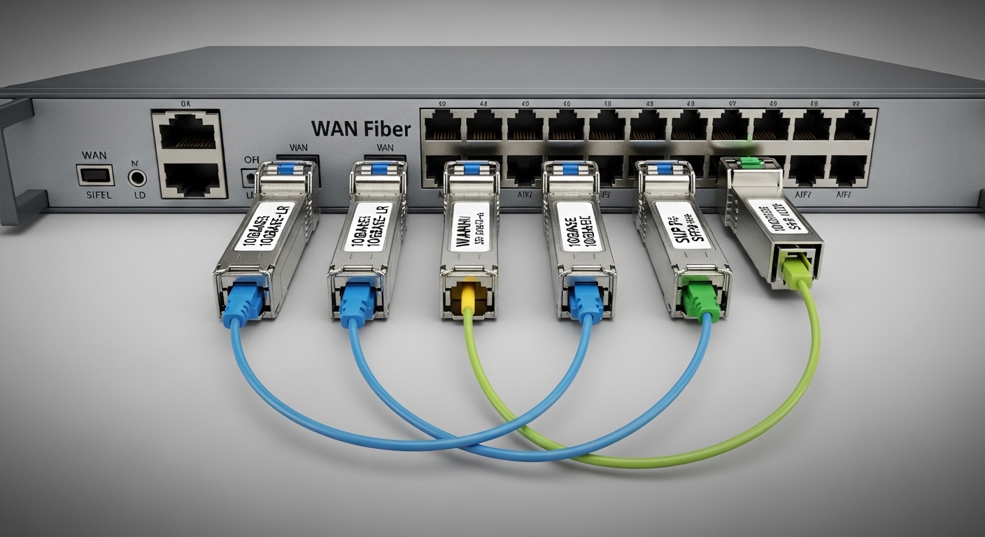 Professional product photography of WAN fiber module, SFP Transceivers in Router WAN Interfaces: Enterprise Edge Deployment, 