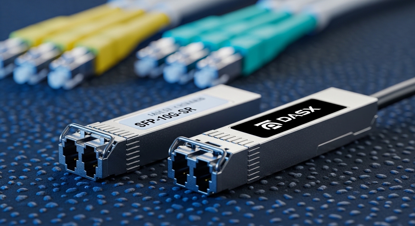 Macro product photography of two fiber SFP transceivers side by side on an anti-static mat, one labeled with a generic part n