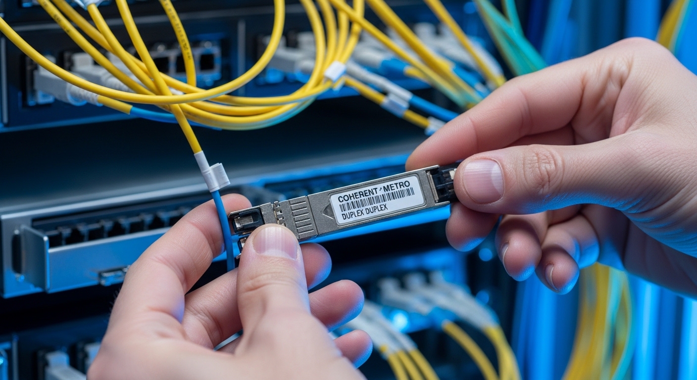 Close-up photography of a technician’s hands holding an LC duplex optical transceiver module labeled for coherent or metro us