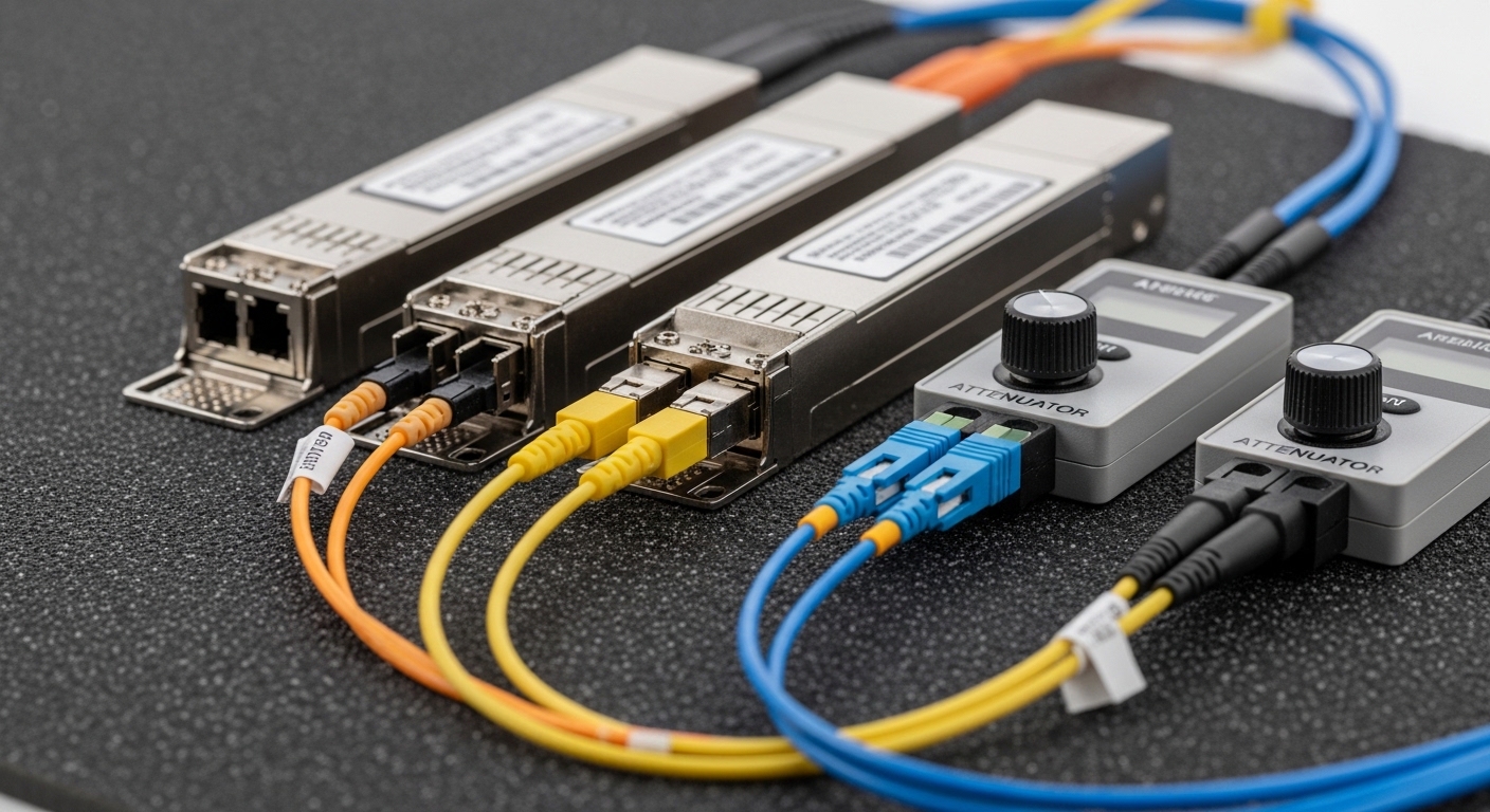 Close-up macro photography of three fiber optic transceiver modules side-by-side on an anti-static mat, labels partially visi