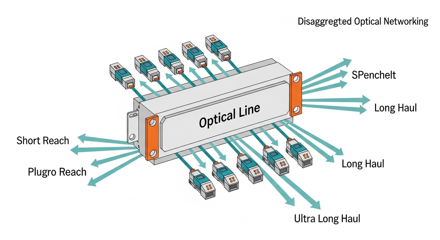 Illustrated concept art of a disaggregated optical networking rack, showing an OLS shelf as a central “optical line” block wi