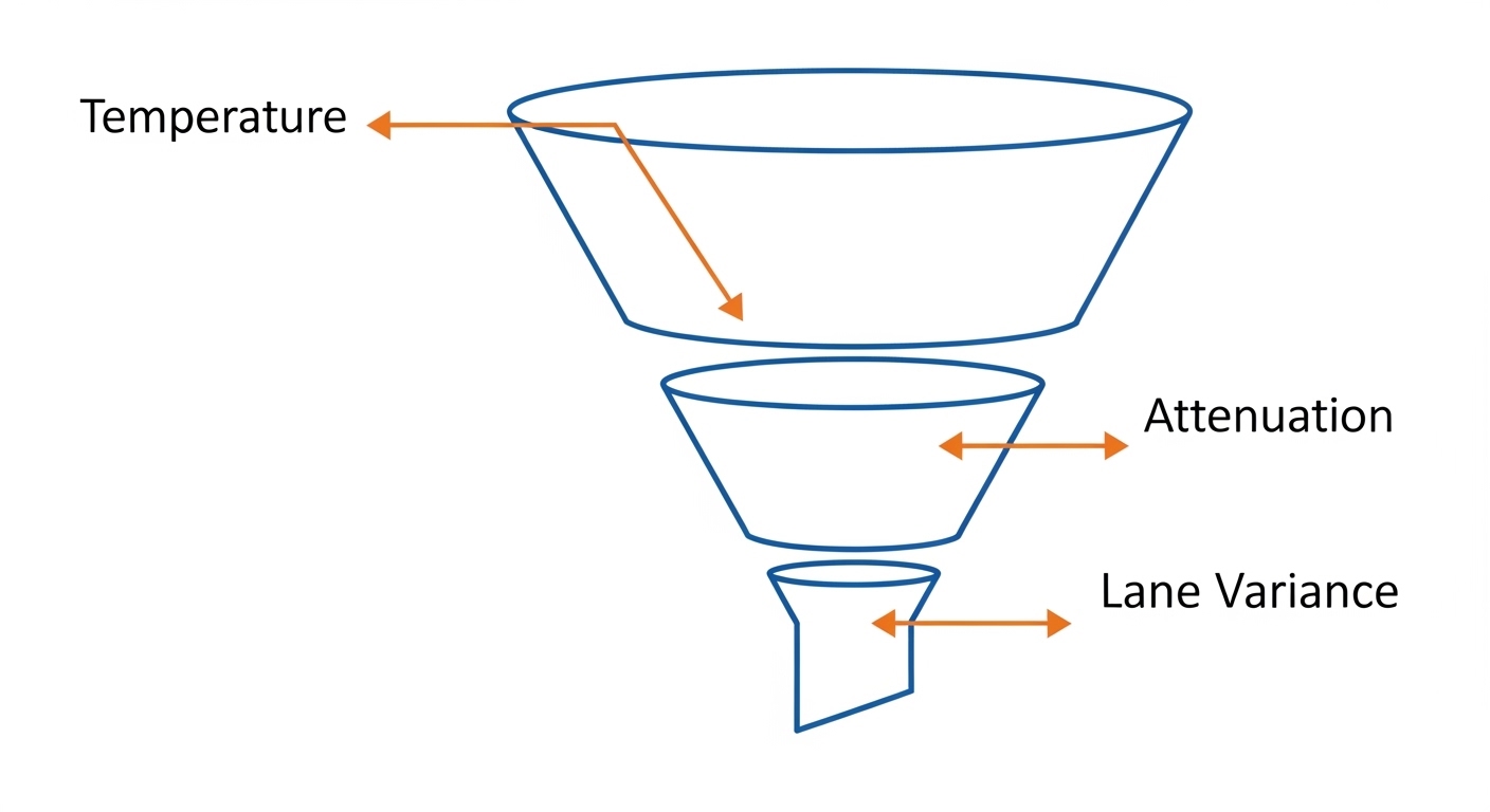 Engineering illustration in a clean vector style showing a “three-stage quality funnel” diagram: DOM validation, optical powe