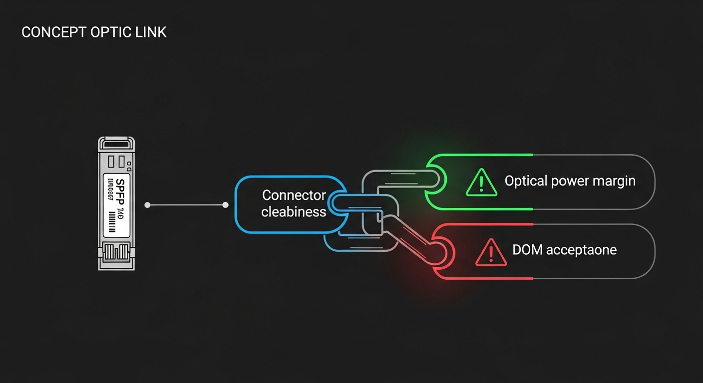 Concept art infographic style showing a fiber link as a chain of three blocks labeled “Connector cleanliness,” “Optical power