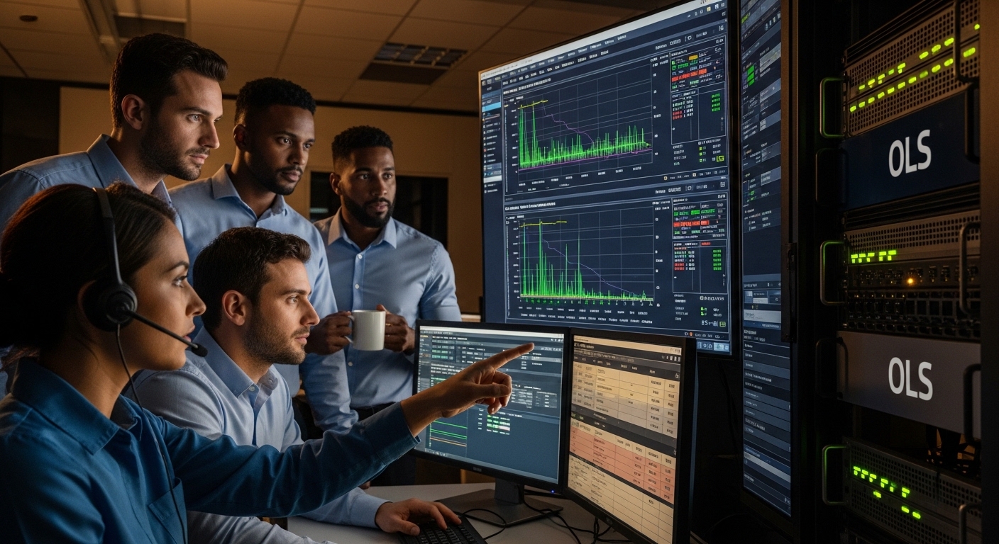 Photorealistic lifestyle scene inside a network operations center, with engineers reviewing a live dashboard showing DOM tele