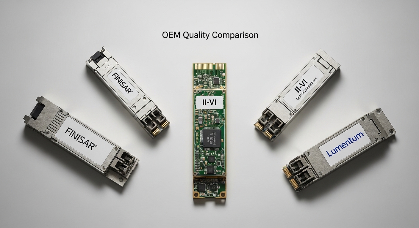 Overhead flat-lay composition of II-VI fiber module, FINISAR vs II-VI vs Lumentum Transceivers: OEM Quality Comparison, style