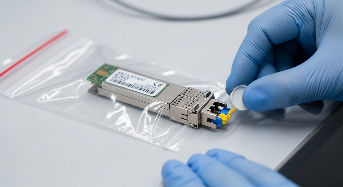 Macro photography of an optical transceiver module inside an anti-static ESD bag on a clean workbench, with a gloved technici