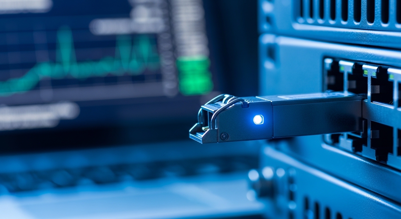 A macro photography scene of an SFP+ transceiver inserted into a server switch port, with a visible small status LED indicato
