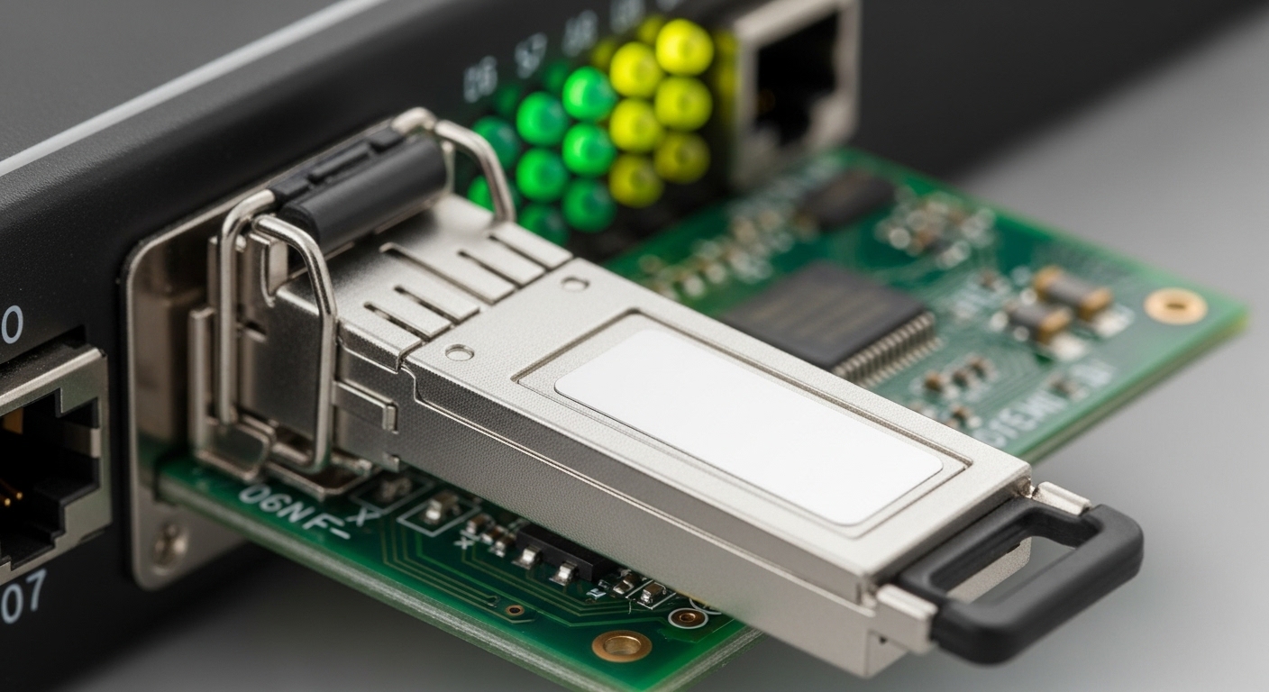 Close-up macro photography of an SFP+ transceiver seated in a switch port cage, with a small status LED cluster on the switch