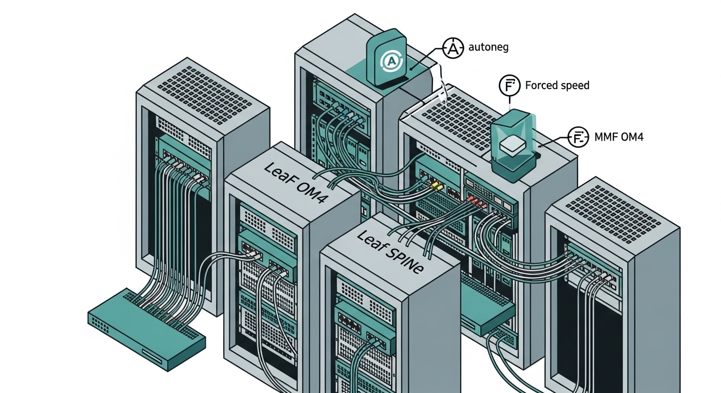 Illustration in an isometric style of a data center rack row, showing leaf and spine switches connected by fiber links labele