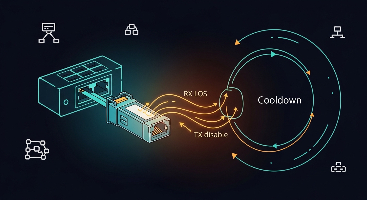 Illustrated network diagram in concept-art style showing a switch port connected to an SFP cage, with animated-like arrows la