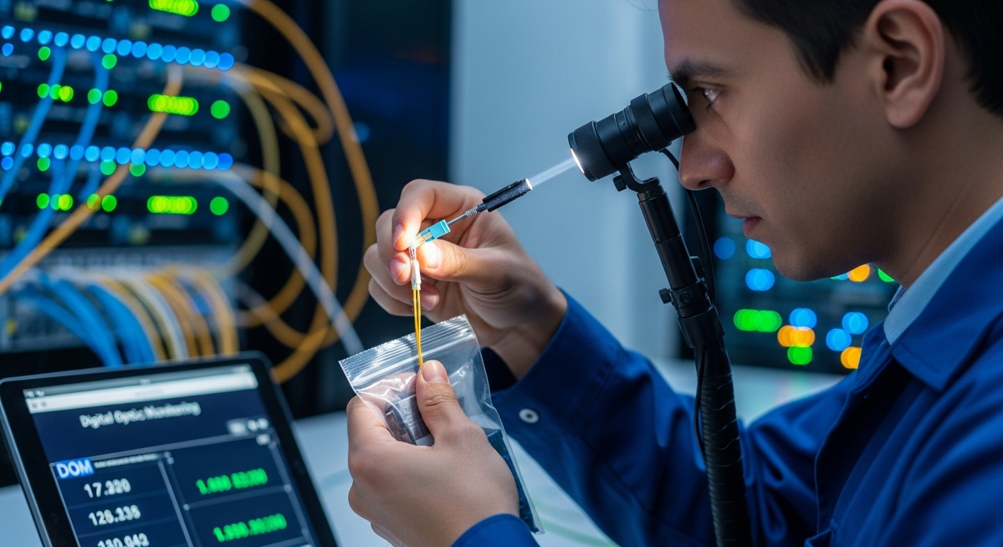 Realistic lifestyle scene in a network operations room: a technician in a clean uniform opens a sealed ESD bag, uses an inspe