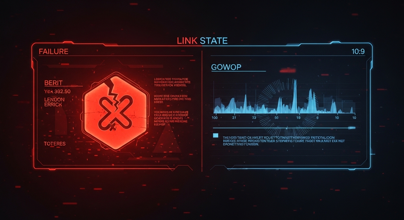 Concept art style showing a split-screen “link state” dashboard with a red failure icon and a green stable icon, overlayed wi