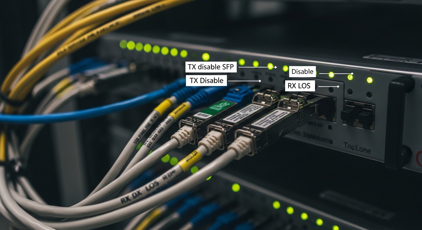 Documentary-style photo of TX disable SFP, TX Disable and RX LOS: SFP Signal Management for Network Stability, natural lighti