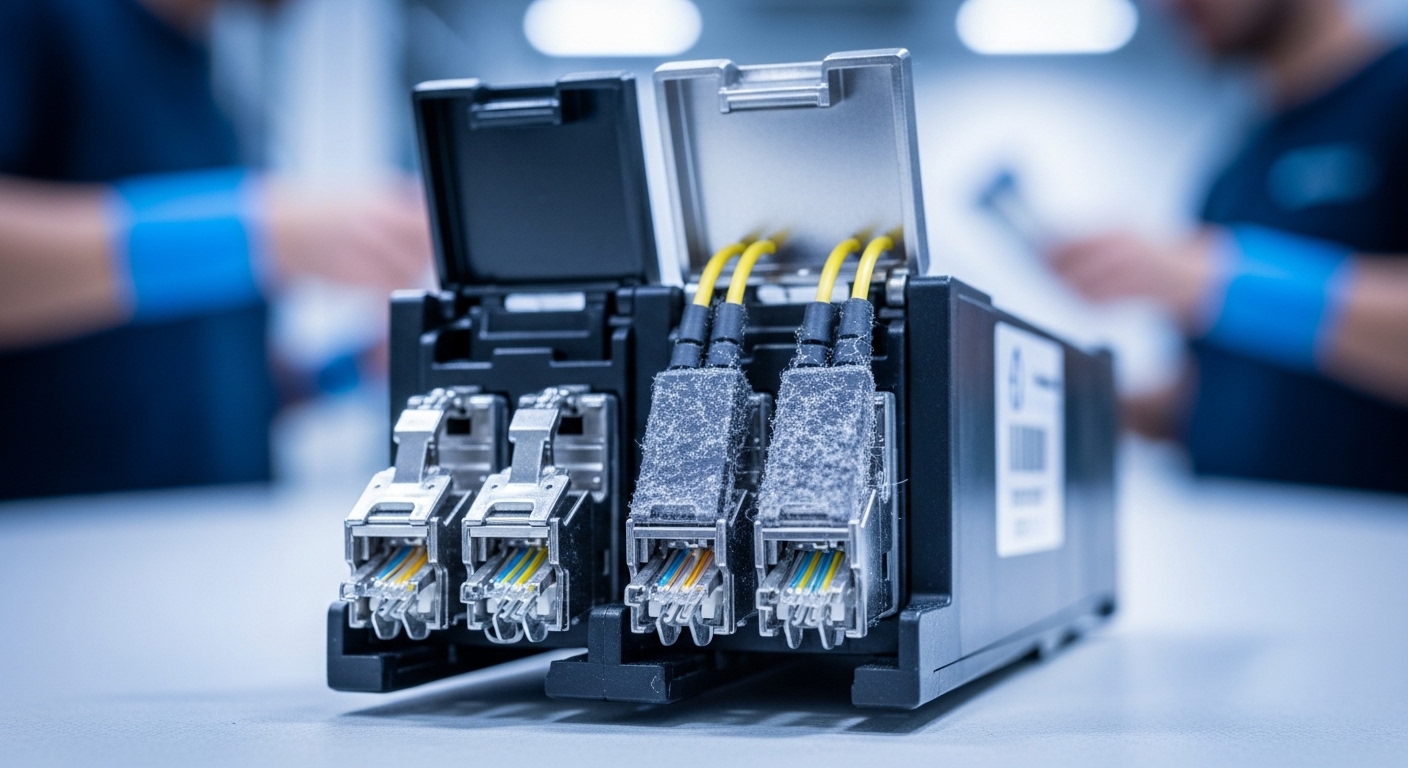 A macro photography scene of an open 12-fiber MPO cassette on a data center patch panel, showing two fiber ends with visible 