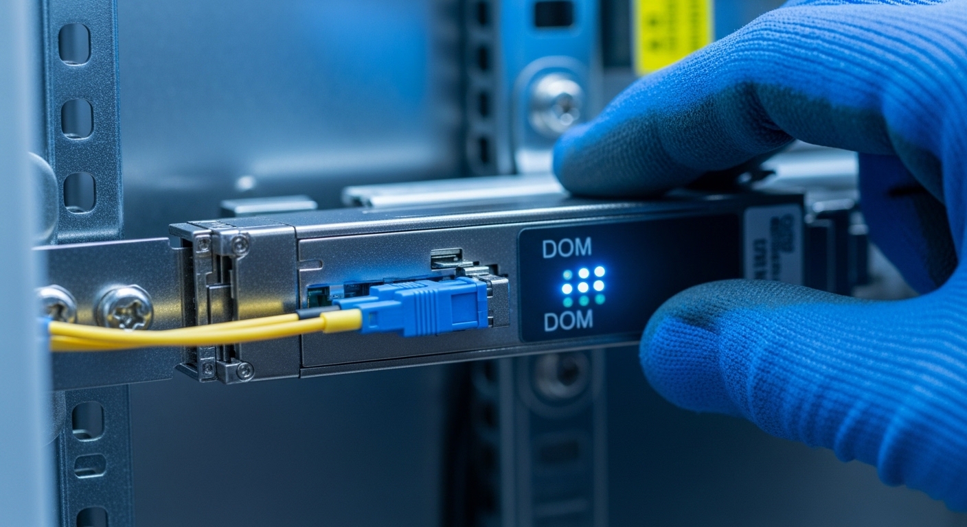 Photorealistic close-up photography of an LC duplex fiber connection inside a telecom outdoor cabinet; a technician wearing g