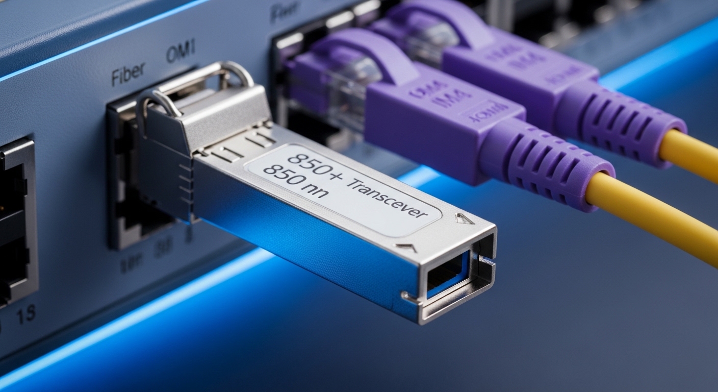 Macro photography of an 850 nm SFP+ transceiver plugged into a fiber switch port, OM4 patch cords in soft focus, cool blue li