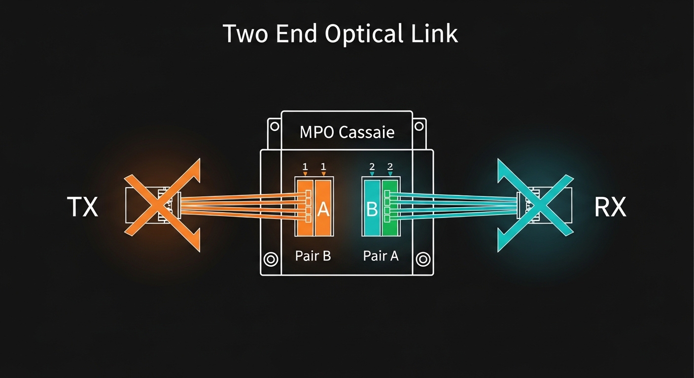 Concept art illustration of a two-end optical link diagram, showing TX and RX arrows crossing incorrectly through an MPO cass