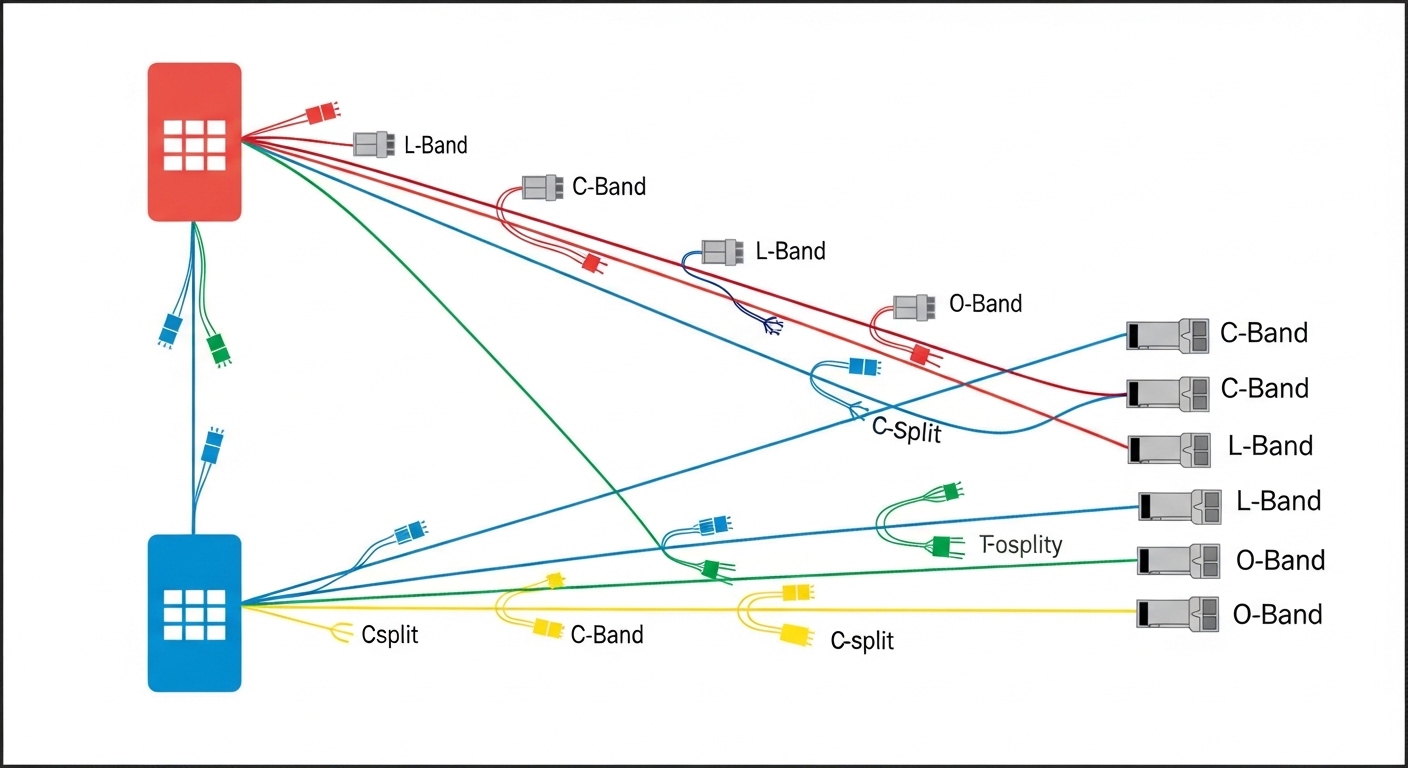 Illustrated concept art showing an Open RAN functional split diagram (RU, DU, CU) connected by colored optical links; transce