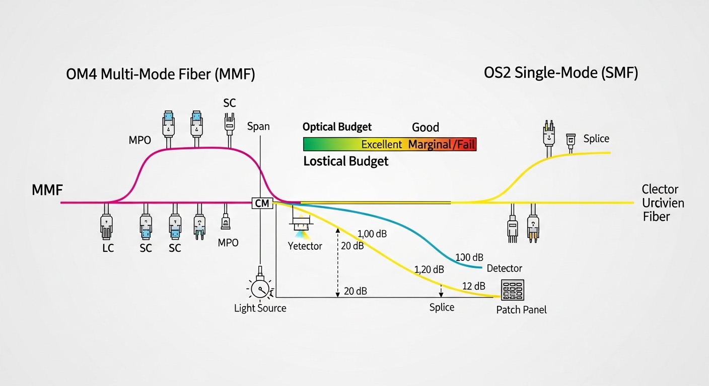 Clean-room illustration showing a fiber optic link budget diagram: OM4 MMF on the left, OS2 SMF on the right, with loss curve