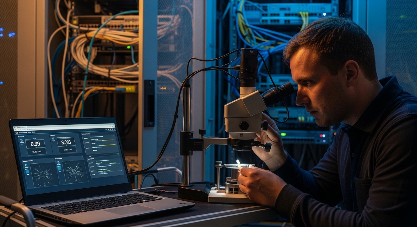 Photography lifestyle scene inside a server room, showing a field engineer using a fiber inspection microscope on an LC conne