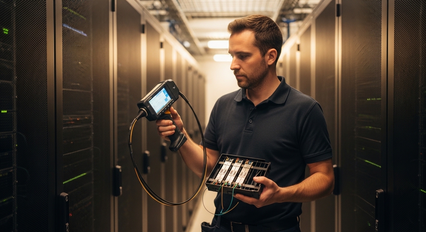 Lifestyle scene in a data center aisle; a field engineer holds a fiber inspection scope and a transceiver module tray; warm o