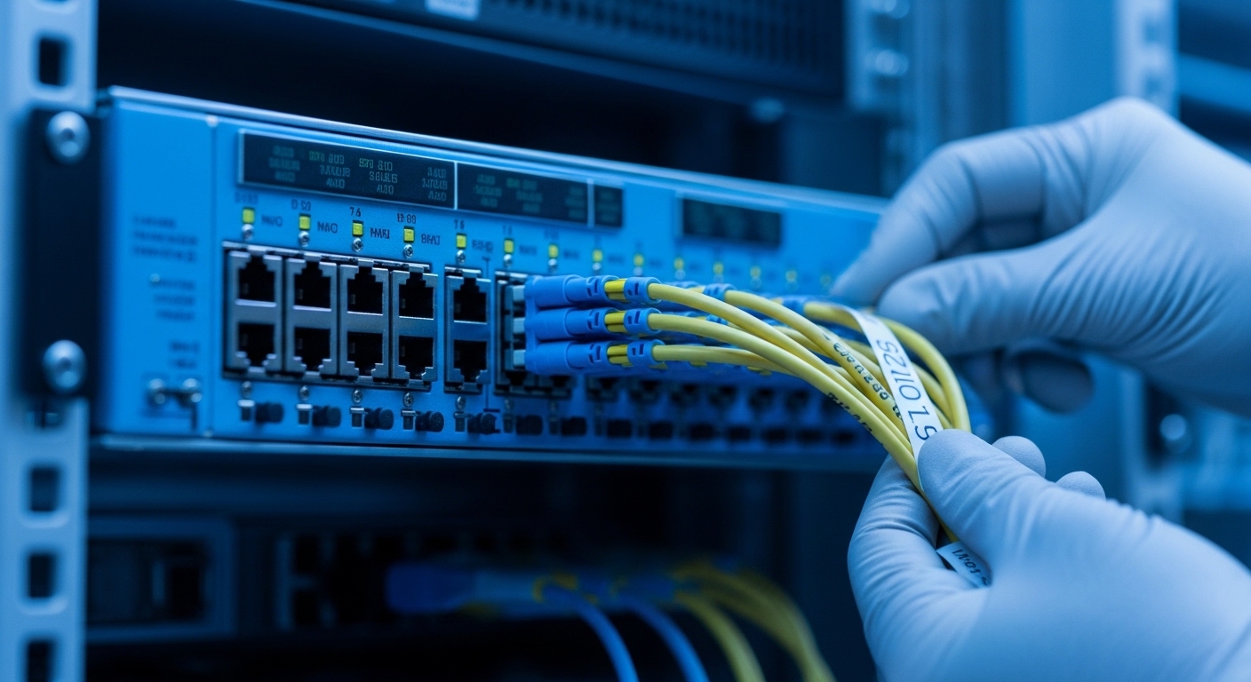 Photorealistic close-up of a 1U optical switching chassis with multiple fiber ports, technician gloved hands labeling cables,