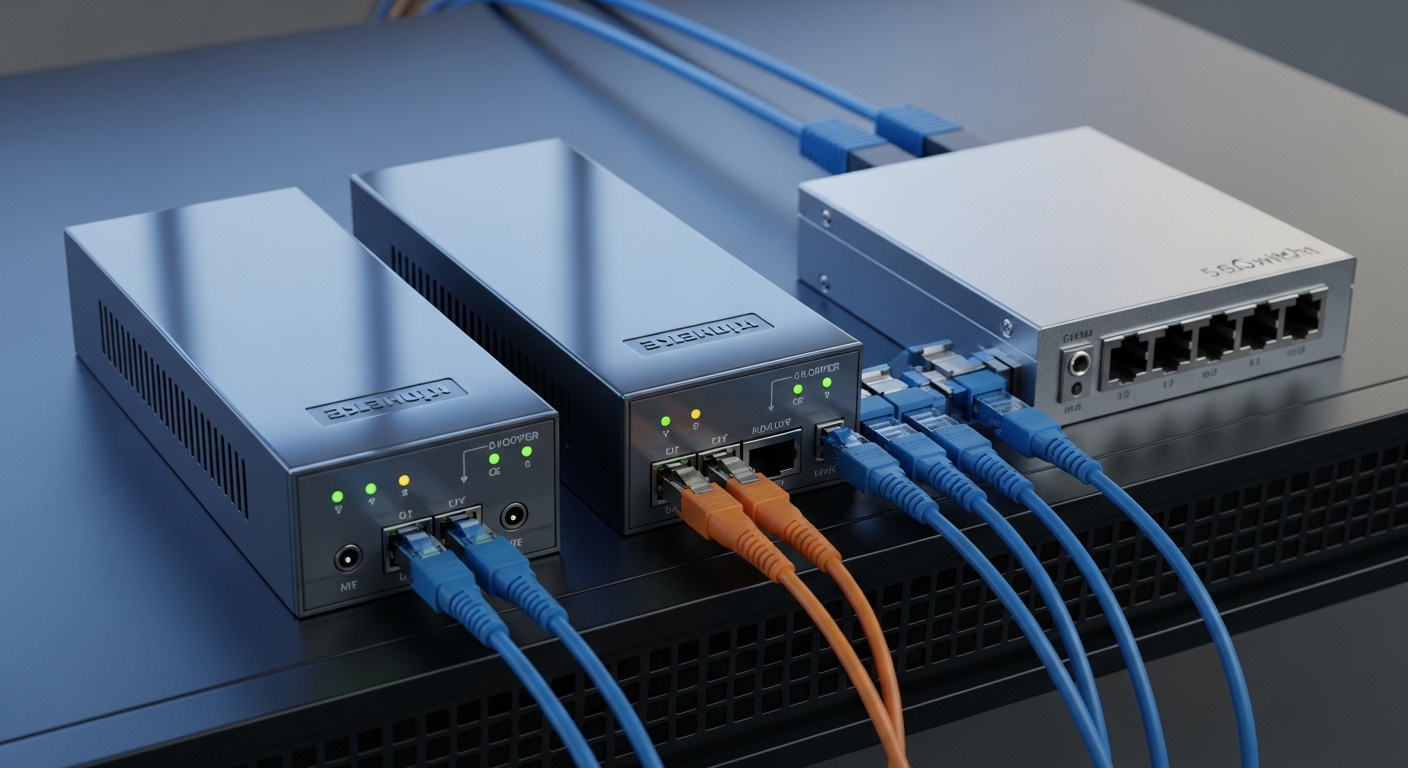 A high-resolution product photography scene of two standalone fiber-to-copper media converters on a 19-inch rack shelf, front